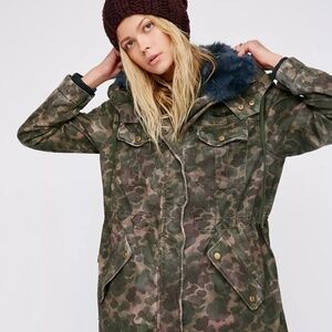 Free People Camo Tie Dye Fur Hooded Jacket in size S-M